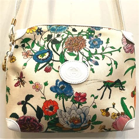 Vintage Gucci Floral Canvas White Leather Cross Body Shoulder 